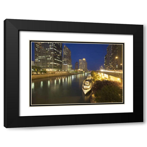 Illinois, Chicago Night along the Chicago River Black Modern Wood Framed Art Print with Double Matting by Flaherty, Dennis