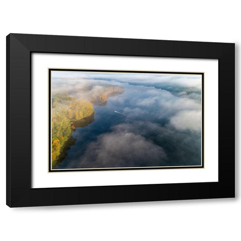 Boat on lake in fog in fall at Stephen A Forbes State Park-Marion County-Illinois Black Modern Wood Framed Art Print with Double Matting by Day, Richard and Susan