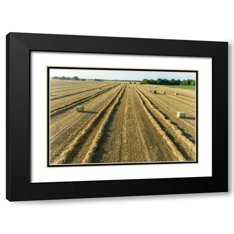 Aerial view of rows of wheat straw before baling and round bales-Marion County-Illinois Black Modern Wood Framed Art Print with Double Matting by Day, Richard and Susan