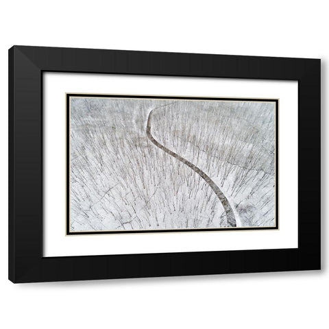 Aerial view of a fresh snow over the forest and road-Marion County-Illinois Black Modern Wood Framed Art Print with Double Matting by Day, Richard and Susan