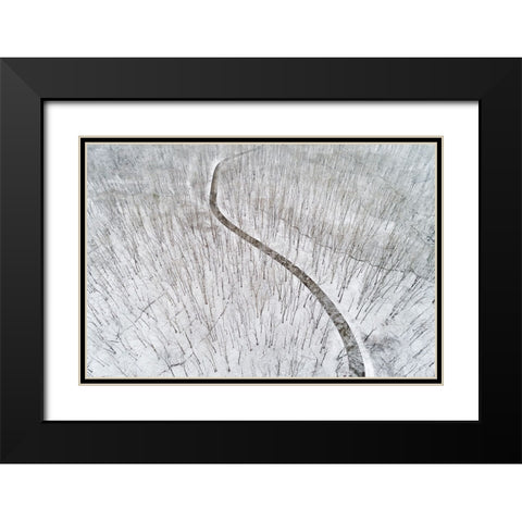 Aerial view of a fresh snow over the forest and road-Marion County-Illinois Black Modern Wood Framed Art Print with Double Matting by Day, Richard and Susan