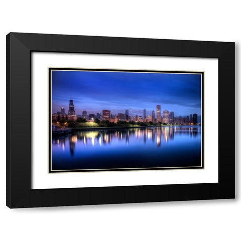 Chicago skyline reflects in lake Michigan during a blue sunrise Black Modern Wood Framed Art Print with Double Matting by SMO