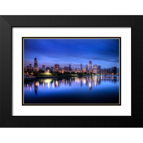Chicago skyline reflects in lake Michigan during a blue sunrise Black Modern Wood Framed Art Print with Double Matting by SMO