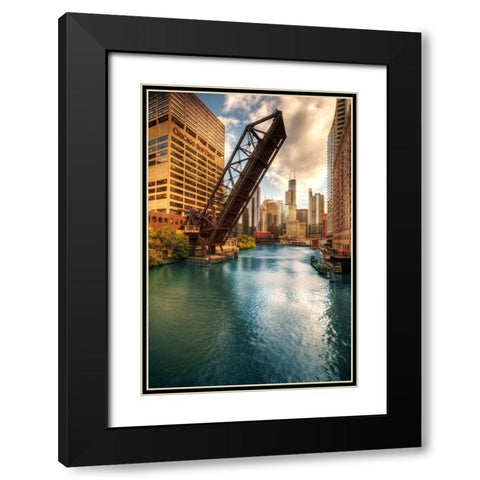 A drawbridge spans the Chicago river in Illinois Black Modern Wood Framed Art Print with Double Matting by SMO