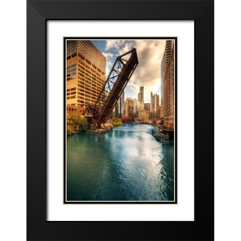 A drawbridge spans the Chicago river in Illinois Black Modern Wood Framed Art Print with Double Matting by SMO