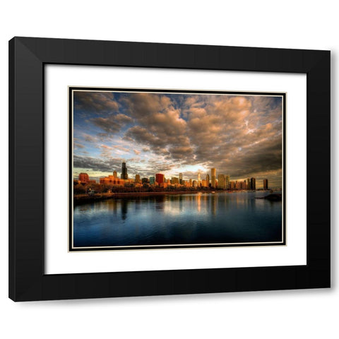 Chicago skyline shimmers at sunrise over lake Michigan Black Modern Wood Framed Art Print with Double Matting by SMO