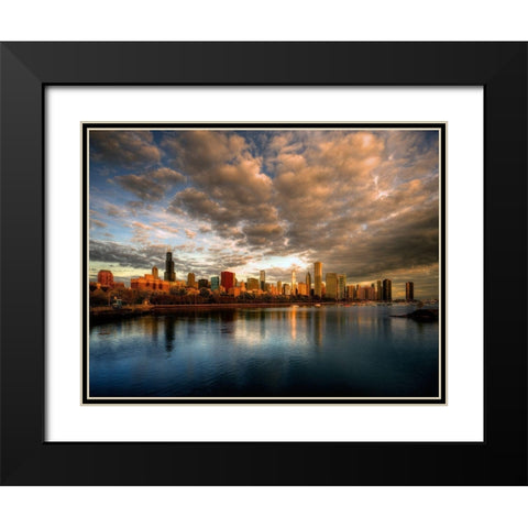 Chicago skyline shimmers at sunrise over lake Michigan Black Modern Wood Framed Art Print with Double Matting by SMO