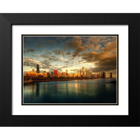 Chicago skyline over lake Michigan as sunrise enters a new day Black Modern Wood Framed Art Print with Double Matting by SMO