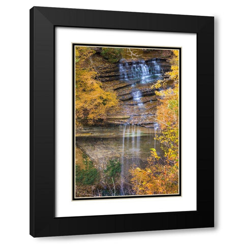 Fall Foliage Over Waterfall in Clifty Creek Park-Southern Indiana Black Modern Wood Framed Art Print with Double Matting by Miller, Anna