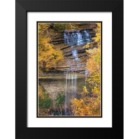 Fall Foliage Over Waterfall in Clifty Creek Park-Southern Indiana Black Modern Wood Framed Art Print with Double Matting by Miller, Anna