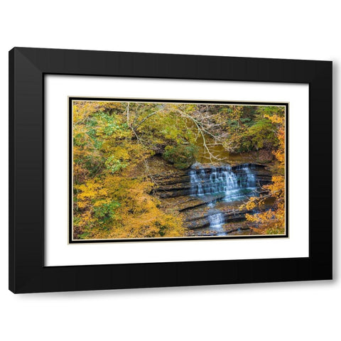 Fall Foliage Over Waterfall in Clifty Creek Park-Southern Indiana Black Modern Wood Framed Art Print with Double Matting by Miller, Anna