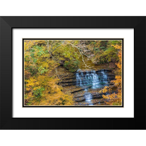 Fall Foliage Over Waterfall in Clifty Creek Park-Southern Indiana Black Modern Wood Framed Art Print with Double Matting by Miller, Anna