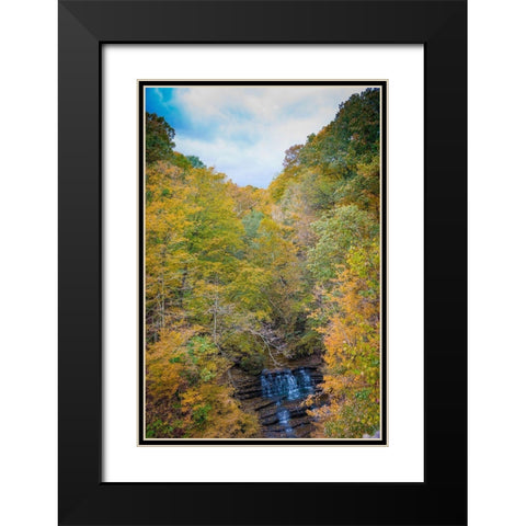 Fall Foliage Over Waterfall in Clifty Creek Park-Southern Indiana Black Modern Wood Framed Art Print with Double Matting by Miller, Anna