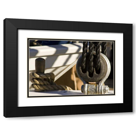 Maine, Castine Boat rope and pulley Black Modern Wood Framed Art Print with Double Matting by Kaveney, Wendy