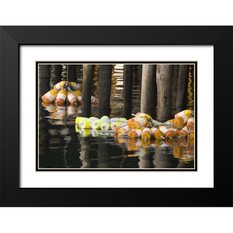 Maine Buoys floating next to a fishing pier Black Modern Wood Framed Art Print with Double Matting by Clemons, Kathleen