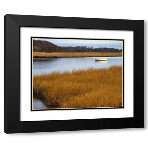 USA, Maine Boat anchored in Mousam River Black Modern Wood Framed Art Print with Double Matting by Terrill, Steve