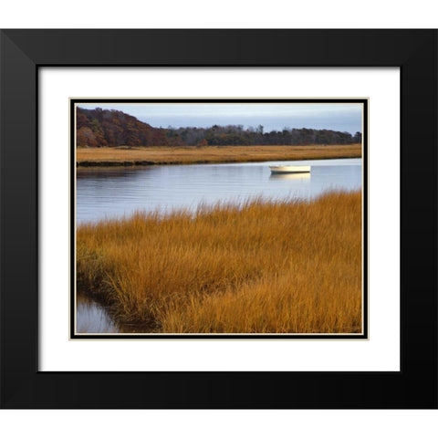 USA, Maine Boat anchored in Mousam River Black Modern Wood Framed Art Print with Double Matting by Terrill, Steve