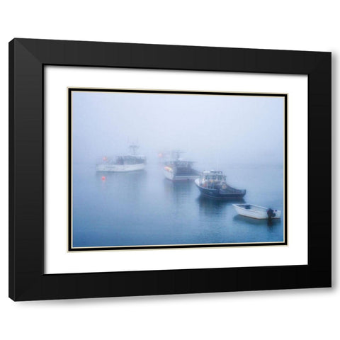 Maine Fishing boats in the harbor with fog Black Modern Wood Framed Art Print with Double Matting by Eggers, Julie