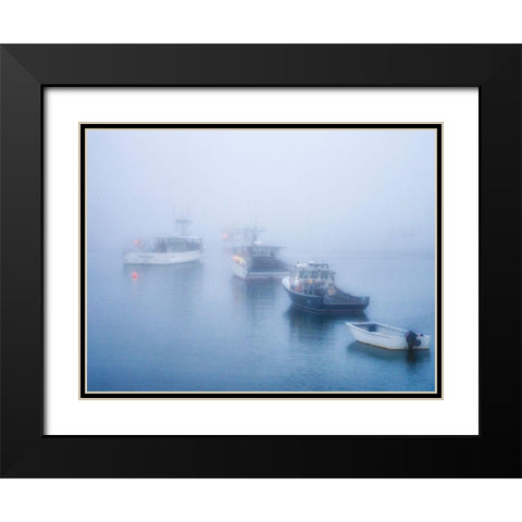 Maine Fishing boats in the harbor with fog Black Modern Wood Framed Art Print with Double Matting by Eggers, Julie