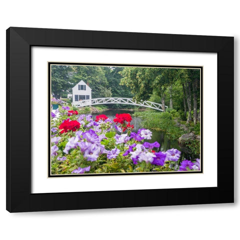 Maine Somesville bridge in Acadia National Park with petunias and geraniums in the foreground Black Modern Wood Framed Art Print with Double Matting by Eggers, Julie