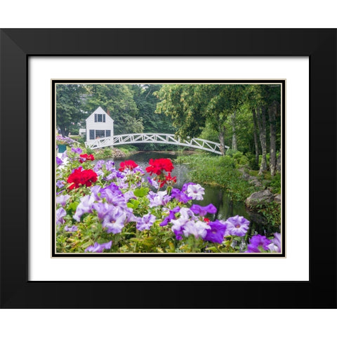 Maine Somesville bridge in Acadia National Park with petunias and geraniums in the foreground Black Modern Wood Framed Art Print with Double Matting by Eggers, Julie