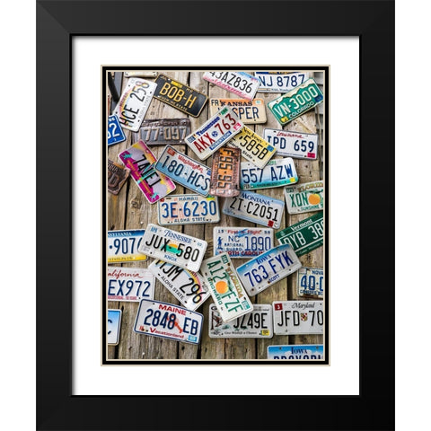 Maine License plates on Old Wall in Bar Harbor Black Modern Wood Framed Art Print with Double Matting by Eggers, Julie