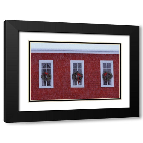 MI, Three Christmas wreathes in schoolhouse Black Modern Wood Framed Art Print with Double Matting by Carlson, Mark