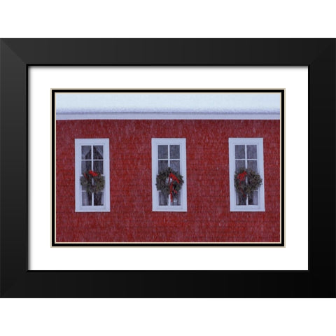 MI, Three Christmas wreathes in schoolhouse Black Modern Wood Framed Art Print with Double Matting by Carlson, Mark
