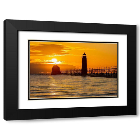 Grand Haven Lighthouse at sunset on Lake Michigan-Grand Haven-Michigan Black Modern Wood Framed Art Print with Double Matting by Day, Richard and Susan