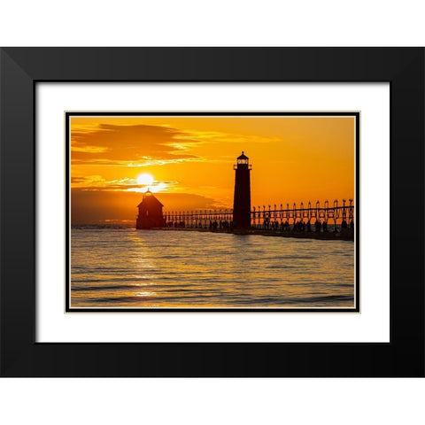 Grand Haven Lighthouse at sunset on Lake Michigan-Grand Haven-Michigan Black Modern Wood Framed Art Print with Double Matting by Day, Richard and Susan