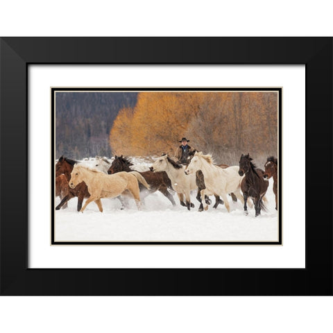Cowboys during winter roundup-Kalispell-Montana Black Modern Wood Framed Art Print with Double Matting by Jones, Adam