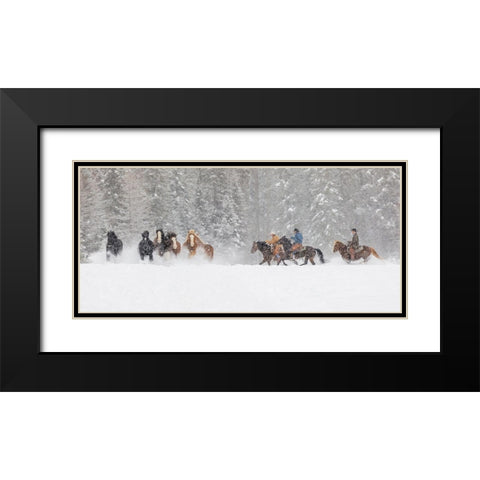 Panoramic view of cowboys during winter roundup-Kalispell-Montana Black Modern Wood Framed Art Print with Double Matting by Jones, Adam