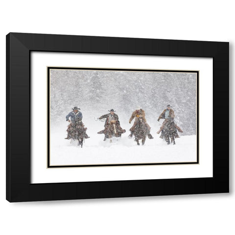 Cowboys during winter roundup-Kalispell-Montana Black Modern Wood Framed Art Print with Double Matting by Jones, Adam