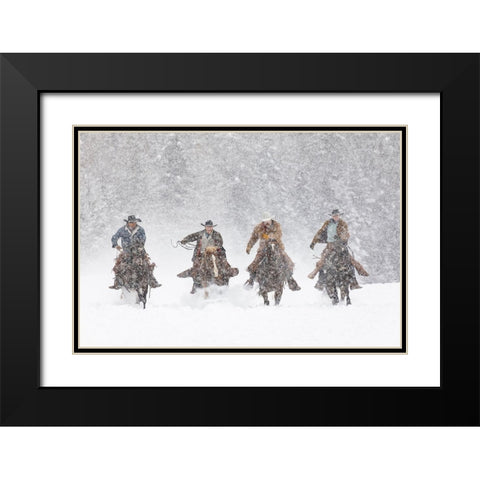 Cowboys during winter roundup-Kalispell-Montana Black Modern Wood Framed Art Print with Double Matting by Jones, Adam