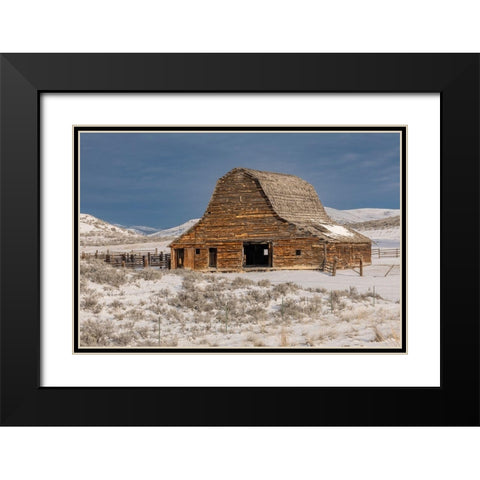 Barn in winter-Montana Black Modern Wood Framed Art Print with Double Matting by Jones, Adam