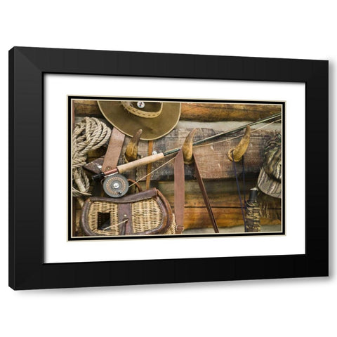 MT, Fishing ger and hat hang on horn pegs Black Modern Wood Framed Art Print with Double Matting by Paulson, Don