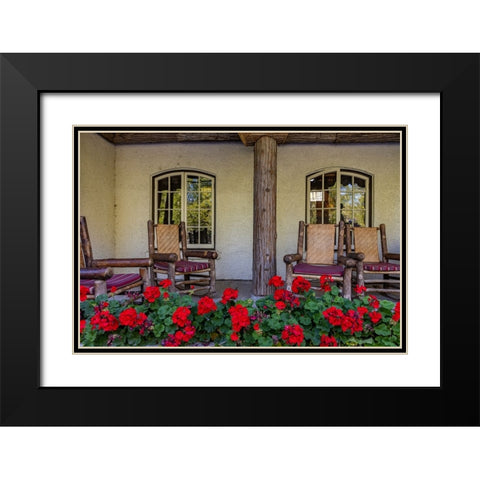 Lounge chairs at Lake McDonald Lodge in Glacier National Park-Montana-USA Black Modern Wood Framed Art Print with Double Matting by Haney, Chuck