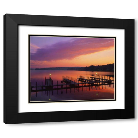 NH, Sunrise over Lake Winnipesaukee dock Black Modern Wood Framed Art Print with Double Matting by Terrill, Steve