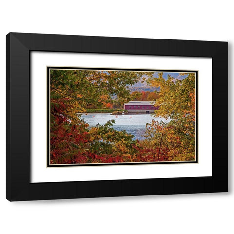 USA-New Hampshire-Gorham-Fall colored trees framing Androscoggin River near damn site Black Modern Wood Framed Art Print with Double Matting by Gulin, Sylvia