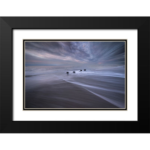 USA-New Jersey-Cape May National Seashore Pier stumps on shore at sunrise Black Modern Wood Framed Art Print with Double Matting by Jaynes Gallery
