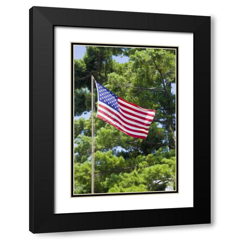 NY, St Lawrence River American flag on flagpole Black Modern Wood Framed Art Print with Double Matting by Lord, Fred