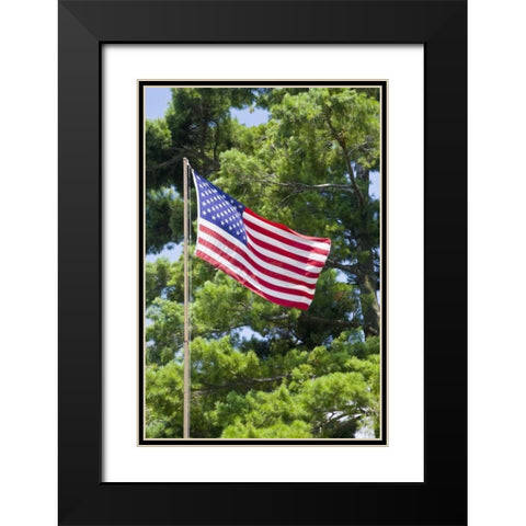 NY, St Lawrence River American flag on flagpole Black Modern Wood Framed Art Print with Double Matting by Lord, Fred