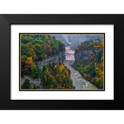 NY, Letchworth SP River and waterfall in canyon Black Modern Wood Framed Art Print with Double Matting by OBrien, Jay