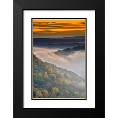 New York, Letchworth SP Foggy landscape, sunrise Black Modern Wood Framed Art Print with Double Matting by OBrien, Jay