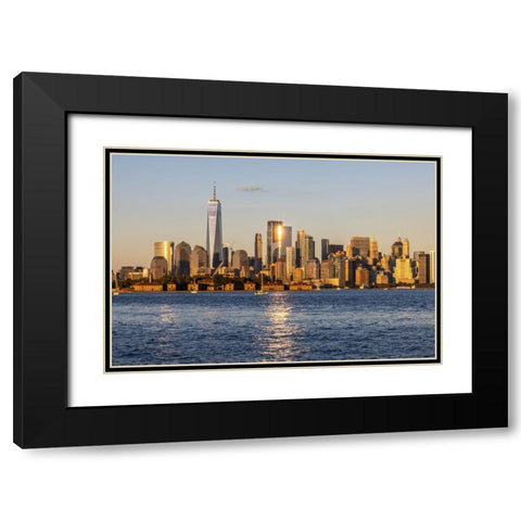 USA-New York View of New York City skyline at sunset from Port Liberte in Jersey City-New Jersey Black Modern Wood Framed Art Print with Double Matting by Looney, Hollice
