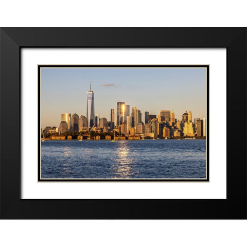 USA-New York View of New York City skyline at sunset from Port Liberte in Jersey City-New Jersey Black Modern Wood Framed Art Print with Double Matting by Looney, Hollice
