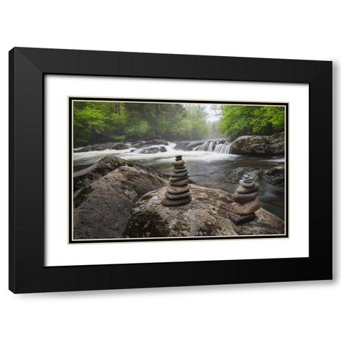 Cascading mountain stream and rock cairns-Great Smoky Mountains National Park Black Modern Wood Framed Art Print with Double Matting by Jones, Adam