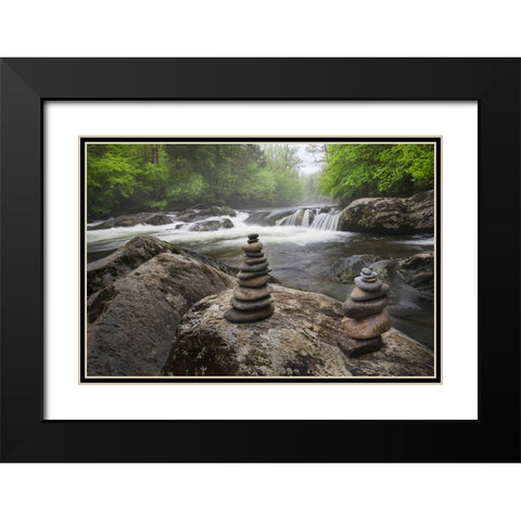 Cascading mountain stream and rock cairns-Great Smoky Mountains National Park Black Modern Wood Framed Art Print with Double Matting by Jones, Adam