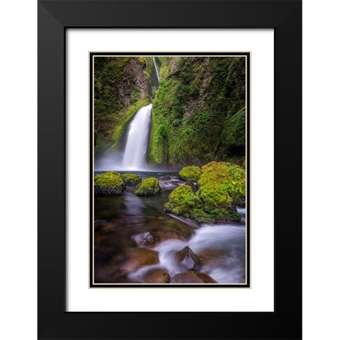 Wahclella Falls along Tanner Creek-Columbia River Gorge-Oregon Black Modern Wood Framed Art Print with Double Matting by Jones, Adam