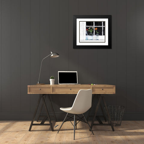 USA, Oregon, Zinnias in bottles on windowsill Black Modern Wood Framed Art Print with Double Matting by Terrill, Steve